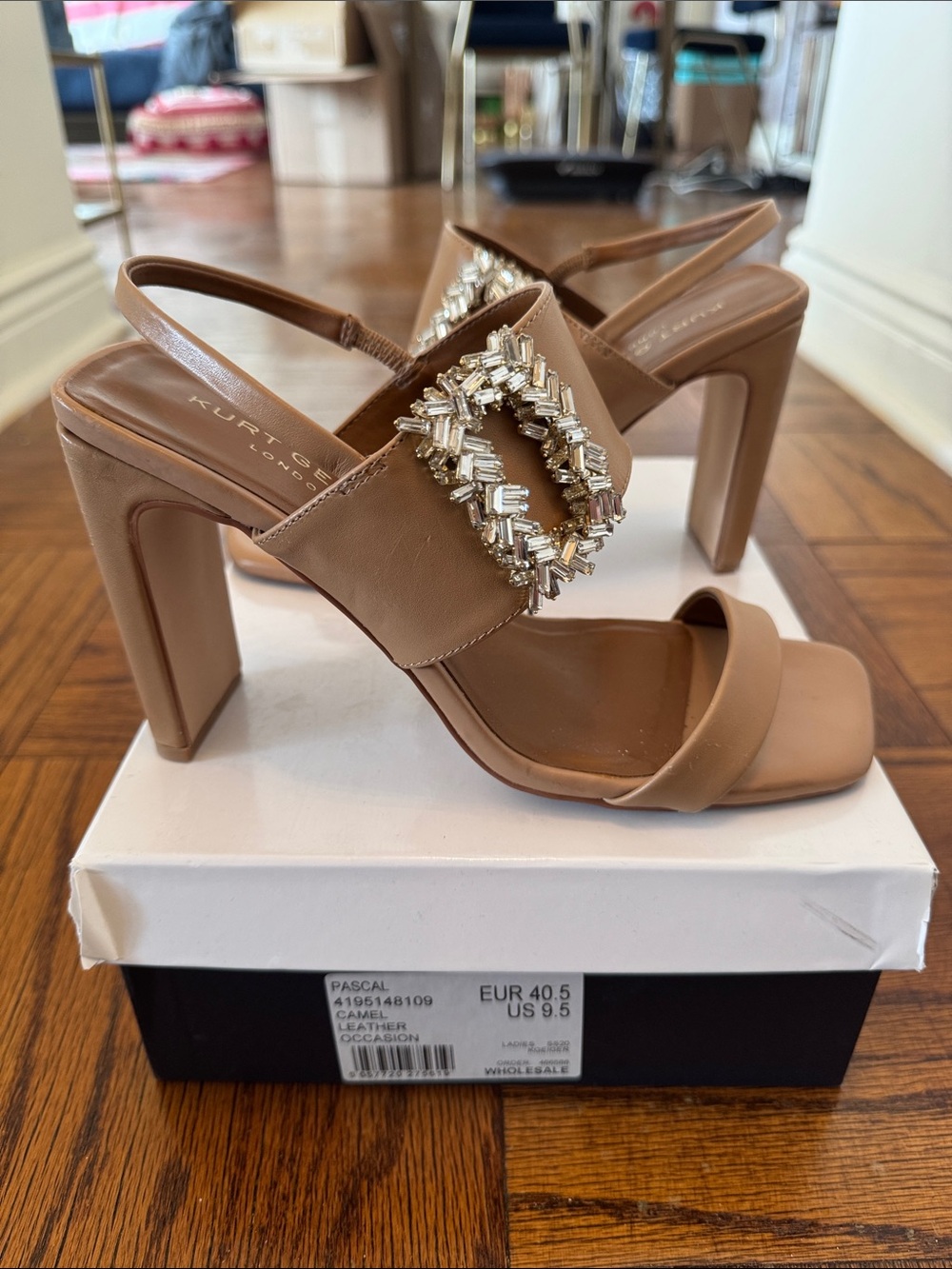 Kurt Geiger Camel Leather Crystal-Buckle Block Heel Sandals